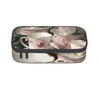 WURTON Estuche para lápices con estampado romántico de tazas de té con rosas, estuche de gran capacidad para lápices, bolsa de almacenamiento multifuncional para adultos