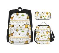 WURTON Flying Bees Daisy Honey Print 3 en 1 Juegos de mochila de hombro ajustable casual bolsa de almuerzo bolsa de lápices caja, Negro -, Talla única