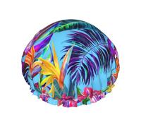 WURTON Gorro de ducha suave y ligero con estampado de plantas tropicales de flores rosas, para cabello largo, transpirable