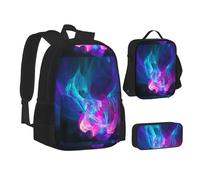 WURTON Haunted Mansions - Mochila escolar 3 en 1 con estampado de mansiones para adolescentes, bolsa de almuerzo, mochila escolar para niños, Fuego azul y rosa, Talla única