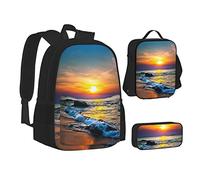 WURTON Haunted Mansions - Mochila escolar 3 en 1 con estampado de mansiones para adolescentes, bolsa de almuerzo, mochila escolar para niños, Playa y puesta de sol, Talla única