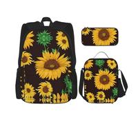 WURTON Hermoso girasol. Mochila de hombro 3 en 1 con estampado de girasol. Juego de bolsa de almuerzo, estuche para lápices, mochila de viaje para laptop, Negro -, Talla única