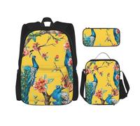 WURTON Hermoso juego de bolsas de libros 3 en 1 con estampado de pavo real, mochila ajustable para el hombro, bolsa de almuerzo, estuche para lápices, Negro -, Talla única