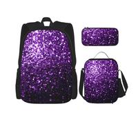 WURTON Hermoso juego de mochila con correas ajustables para el hombro con estampado de purpurina morada, bolsa de almuerzo, estuche para lápices, juego de bolsas