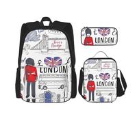WURTON I Love London - Juego de mochila de hombro ajustable 3 en 1 con estampado de Londres, bolsa para el almuerzo, estuche para lápices, Negro -, Talla única
