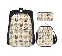 WURTON I Love - Mochila de hombro con estampado de bulldog francés 3 en 1, bolsa de almuerzo, estuche para lápices, mochila de viaje, portátil, color negro, talla única, Black, Talla única