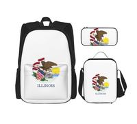 WURTON Illinois State Flag Print 3 en 1 Sets Casual Ajustable Hombro Mochila Almuerzo Bolsa Estuche, Negro -, Talla única