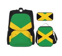 WURTON Juego 3 en 1 con estampado de la bandera de Jamaica, mochila de hombro ajustable, bolsa de almuerzo, estuche para lápices, color negro, talla única, NEGRO, One Size