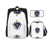 WURTON Juego 3 en 1 con estampado de la bandera del estado de Massachusetts, mochila casual ajustable para el hombro, bolsa de almuerzo, estuche para lápices, Negro -, Talla única