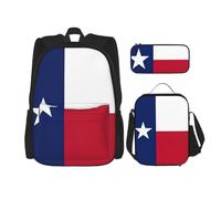 WURTON Juego 3 en 1 con estampado de la bandera del estado de Texas, mochila casual ajustable para el hombro, bolsa de almuerzo, estuche para lápices, Negro -, Talla única