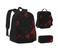 WURTON Juego de 3 en 1 mochila para adolescentes con diseño de taza de los años 90 (estuche + bolsa escolar + bolsa de almuerzo combinado), Rosa Roja Fondo Negro, Talla única