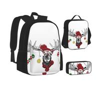 WURTON Juego de 3 en 1 mochila para adolescentes con estampado de baile de salón (estuche + bolsa escolar + bolsa de almuerzo), Divertido ciervo de Navidad, Talla única