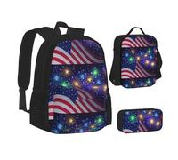 WURTON Juego de 3 en 1 mochila para adolescentes, diseño de mariposas volando entre flores (estuche + bolsa escolar + bolsa de almuerzo combinado), Bandera estadounidense de fuegos artificiales 4 de