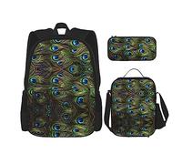 WURTON Juego de bolsas 3 en 1 con estampado de pavo real fresco, mochila de hombro ajustable, bolsa de almuerzo, estuche para lápices, Negro -, Talla única
