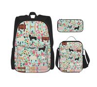 WURTON Juego de bolsas de libros 3 en 1 con estampado de animales de granja, mochila ajustable para el hombro, bolsa de almuerzo, estuche para lápices, Negro -, Talla única