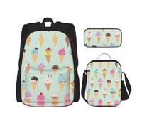 WURTON Juego de bolsas de libros 3 en 1 con estampado de conos de helado, mochila ajustable para el hombro, bolsa de almuerzo, estuche para lápices