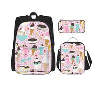 WURTON Juego de bolsas de libros 3 en 1 con estampado de helado dulce, mochila ajustable para el hombro, bolsa de almuerzo, estuche para lápices, Black, Talla única