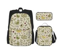 WURTON Juego de bolsas de libros 3 en 1 con estampado de hojas amarillas, mochila de hombro ajustable, bolsa de almuerzo, estuche para lápices, Negro -, Talla única