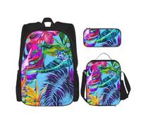 WURTON Juego de bolsas de libros 3 en 1 con estampado de plantas tropicales y flores rosas, mochila ajustable para el hombro, bolsa de almuerzo, estuche para lápices, Negro -, Talla única