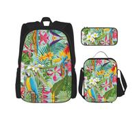 WURTON Juego de bolsas de libros 3 en 1 con estampado de plantas tropicales y loros, mochila ajustable para el hombro, bolsa de almuerzo, estuche para lápices, NEGRO, One Size