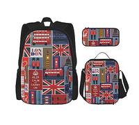 WURTON Juego de bolsas de libros 3 en 1 con estampado de símbolos de Inglaterra, mochila ajustable para el hombro, bolsa de almuerzo, estuche para lápices, Negro -, Talla única