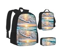 WURTON Juego de lonchera con mochila con estampado de fresas, bolsa escolar 3 en 1 y estuche a juego, Beach Sunset Ocean, Talla única