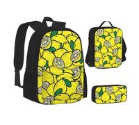WURTON Juego de lonchera con mochila con estampado de limón amarillo, bolsa 3 en 1 y estuche a juego, Negro -, Talla única