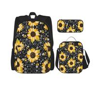 WURTON Juego de mochila con correas ajustables para el hombro con estampado de abeja y girasoles, bolsa de almuerzo, estuche para lápices, juego