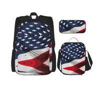 WURTON Juego de mochila con correas ajustables para el hombro con estampado de bandera americana, bolsa de almuerzo, estuche para lápices, bolsas combinadas