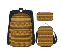 WURTON Juego de mochila con correas ajustables para el hombro con estampado de triángulos amarillos y marrones, bolsa de almuerzo, estuche para lápices, bolsa combinada
