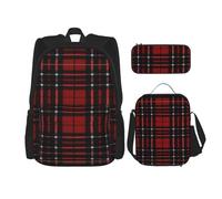 WURTON Juego de mochila con estampado a cuadros rojos y negros y correas ajustables para el hombro, bolsa de almuerzo, estuche para lápices, juego de bolsas combinadas