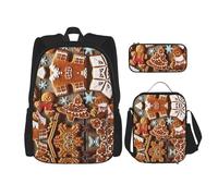 WURTON Juego de mochila con estampado de galletas de jengibre y correas ajustables para el hombro, bolsa de almuerzo, estuche para lápices, juego de bolsas combinadas, Negro -, Talla única