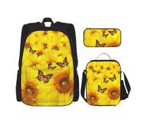 WURTON Juego de mochila con estampado de mariposas y flores amarillas, correas ajustables para el hombro, bolsa de almuerzo, estuche para lápices, juego de bolsas combinadas