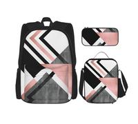 WURTON Juego de mochila de hombro ajustable 3 en 1 con estampado abstracto de triángulos, bolsa de almuerzo, estuche para lápices, Negro -, Talla única