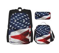 WURTON Juego de mochila de hombro ajustable 3 en 1 con estampado de bandera americana, bolsa de almuerzo, estuche para lápices, Negro -, Talla única