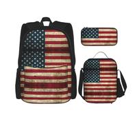 WURTON Juego de mochila de hombro ajustable 3 en 1 con estampado de bandera americana, bolsa de almuerzo, estuche para lápices, Negro -, Talla única