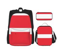WURTON Juego de mochila de hombro ajustable 3 en 1 con estampado de bandera austriaca, bolsa de almuerzo, estuche para lápices, Negro -, Talla única