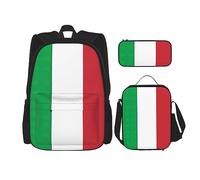 WURTON Juego de mochila de hombro ajustable 3 en 1 con estampado de bandera de Italia, bolsa de almuerzo, estuche para lápices, Negro -, Talla única