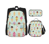 WURTON Juego de mochila de hombro ajustable 3 en 1 con estampado de conos de helado, bolsa de almuerzo, estuche para lápices