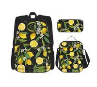 WURTON Juego de mochila de hombro ajustable 3 en 1 con estampado de limón amarillo, bolsa de almuerzo, estuche para lápices, Negro -, Talla única