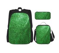 WURTON Juego de mochila de hombro ajustable 3 en 1 con lentejuelas verdes, bolsa para el almuerzo, estuche para lápices, Negro -, Talla única