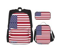 WURTON Juego de mochila escolar con estampado de bandera americana con bolsa de almuerzo, estuche para lápices, juego de mochilas escolares