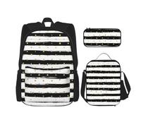WURTON Juego de mochila escolar con estampado de rayas de tinta y lunares dorados, con bolsa de almuerzo, estuche para lápices, juego de mochilas escolares