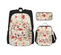 WURTON Juego de mochila rústica con estampado de rosas y bolsa escolar con bolsa de almuerzo, estuche para lápices, juego de mochilas escolares