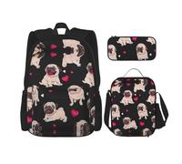 WURTON Lindo estampado de carlino 3 en 1 juegos de mochila de hombro ajustable casual bolsa de almuerzo estuche estuche estuche, Negro -, Talla única