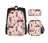 WURTON Little Boys And Girls In Firefighters - Juego de mochila con correas ajustables para el hombro, bolsa de almuerzo, estuche para lápices, bolsas combinadas