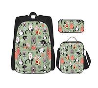 WURTON Lovely Cartoon Cats Print 3 en 1 Sets Casual Ajustable Hombro Mochila Almuerzo Estuche, Negro -, Talla única