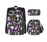 WURTON Magic Witch Witchcraft - Juego de mochila con estampado de dibujo bohemio y correas ajustables para el hombro, bolsa de almuerzo, estuche para lápices, juego de bolsas combinadas, NEGRO, One