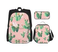 WURTON Mochila de hombro con estampado de cactus 3 en 1, juego de lonchera, estuche para lápices, mochila de viaje para laptop, Negro -, Talla única