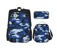 WURTON Mochila de hombro con estampado de camuflaje azul 3 en 1, juego de lonchera, estuche, estuche de viaje para laptop